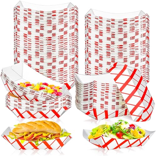 100 Pack 2Lb Paper Food Boat Trays Disposable Paper Boat Plate Containers, Kraft Food Serving Tray Boats Baskets Bowls for Snack Popcorn Dessert BBQ Hot Dog Sandwich Burger Taco Fries Nacho - color: Red Check