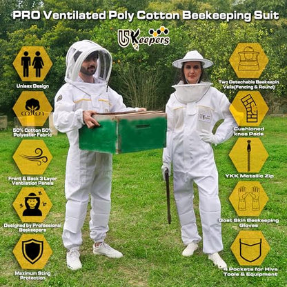 Ultra-Ventilated Polycotton Beekeeping Suit for Men & Women with Gloves & Two Beekeeping Veils-Professional & Beginner Apiarist Suit. (Sv, S) - color: White, size: Small