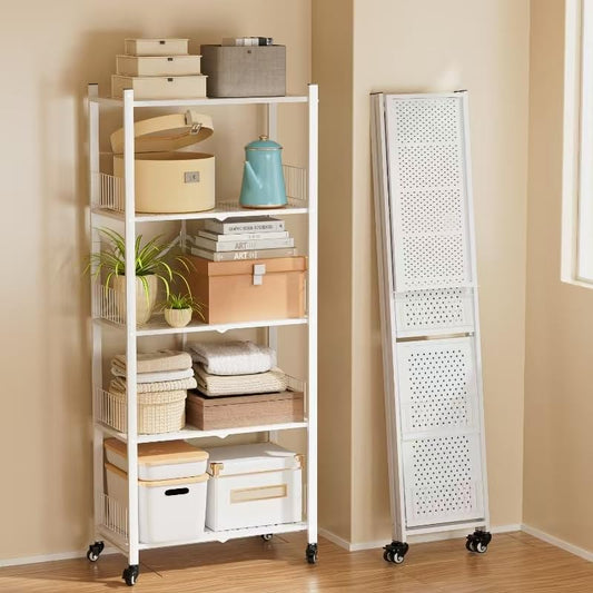 Folding Shelves No Assembly, 5 Tier Foldable Storage Shelves with Wheels, 220LBS Per Shelf Metal Collapsible Rack for Pantry Storage & Home Organization, White - color: White/5-tier