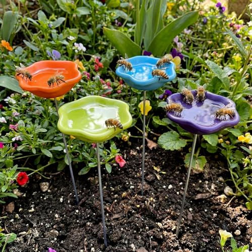 4 Pack Resin Bee Watering Station for Butterfly Garden Cups Bath Bee Feeders for Thirsty Pollinators Outdoor Garden Yard Stakes Decor Flower Design Plastic Free Attracting Glaze(Classic) - style: Classic