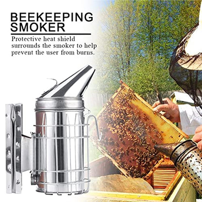 Stainless Steel Bee Hive Smoker, Beekeeping Starter Tool Kit Beekeeper Supplies Beehive Tools Bee Keeping Set with Heat Shield, Beekeeping Equipment Accessory for Beginner and Advanced Beekeepers