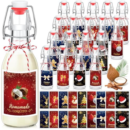 Havawish 16 Pcs Merry Christmas 8 oz Coquito Swing Top Glass Bottles with Airtight Cap Lids Labels Clear Flip Top Bottles with Stoppers for Homemade Christmas Home Brewing Beer Beverages(Warm) - style: Warm
