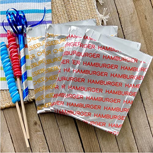 Printed Foil Hamburger and Cheeseburger Bags - 50 Each - Silver Red Yellow - size: One Size