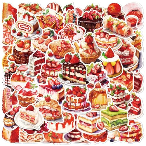 50Pcs Strawberry Cake Stickers Pack, Waterproof Vinyl Dessert Decals for Water Bottle Laptop Suitcase Skateboard Scrapbook Journal, Cute Food Labels for Kids Teens Girls DIY Decor Party Gift Supplies - color: Strawberry Cake-4