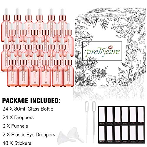 PrettyCare Glass Eye Dropper Bottles 24 Pack, 1oz (30ml) Rose Empty Thick Bottles Bulk with Leakproof Caps - With Labels & Funnels for Storage, Travel, Essential Oils, Cuticle Oils, Tinctures - color: 1oz Rose, style: 24 Pack