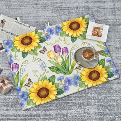 Kitchen Drying Mat for Countertop Sunflower Tulip Floral Garden Pattern Non-Slip Kitchen Counter Mat for Dishes Glassware - color: Yellow Purple