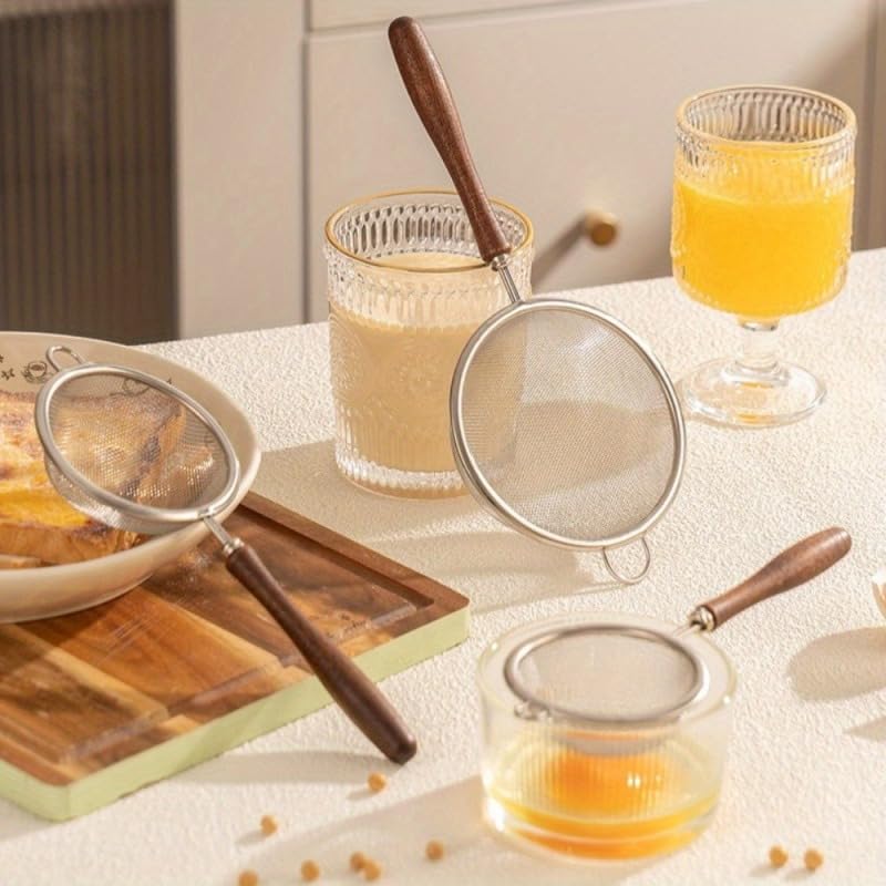 3 Pack Stainless Steel Fine Mesh Strainer Set, 304-Grade Kitchen Sieve with Wooden Handle for Tea, Baking, Cooking - Small Medium Large