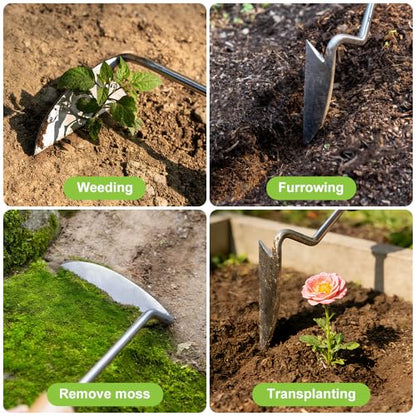 Berry&Bird Sickle Hoe Crack Weeder, Stainless Steel Japanese Weeding Sickle with Wooden Handle, Versatile Weeding Tool Garden Hand Hoe for Effective Weeding Cultivating Loosening Furrowing & Digging