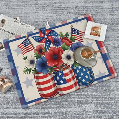 Patriotic Flowers In Mason Jars With American Flags And Pinwheel Microfiber Dish Drying Mat 18x24 Inch - Absorbent Non-Slip & Quick Dry Kitchen Counter Dish Drainer Pad, Rustic Farmhouse Style - color: Patriotic Flowers In Mason Jars With American Flags A