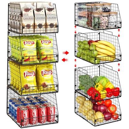Jakyitvi 4 Pack XXL Stackable Wire Storage Basket, Extra Large Capacity Pantry Organizer and Storage, Muti-Purpose for Fruit Vegetable Basket & Toy Bin & Snack Organizer - size: 4 Pack