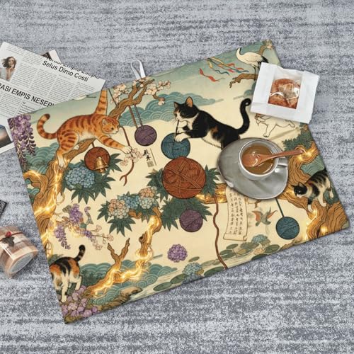 Kitchen Drying Mat for Countertop Oriental Cat Garden Art Pattern Non-Slip Kitchen Counter Mat for Dishes Glassware - color: Beige Teal