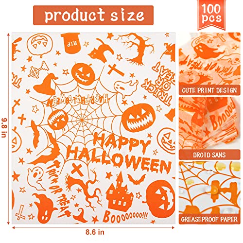 100 Pcs Halloween Wax Paper Food, Wax Paper Sheets Sandwich Wrap Papers Deli Wraps, Waterproof Oil-proof Picnic Basket Liners with Pumpkin Pattern for Kitchen Handmade Food - color: Halloween