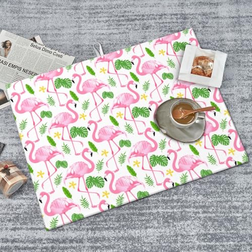 Pink Flamingo Leaf Dish Drying Mat For Kitchen Counter, Super Absorbent Microfiber Dish Drying Pad, Kitchen Gadgets For Easy Clean Multi-Use Large 18"x24" - color: Pink Flamingo Leaf