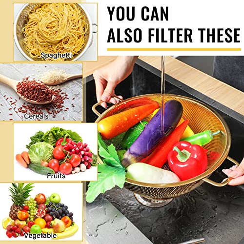 Norme 5 Quart Stainless Steel Gold Colander and 3 Pcs Gold Fine Mesh Strainer, Stainless Steel Pasta Rice Food Metal Strainer with Handles, Easy Clean and Dishwasher Safe - color: Gold, size: 5 Quart