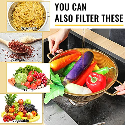Norme 5 Quart Stainless Steel Gold Colander and 3 Pcs Gold Fine Mesh Strainer, Stainless Steel Pasta Rice Food Metal Strainer with Handles, Easy Clean and Dishwasher Safe - color: Gold, size: 5 Quart