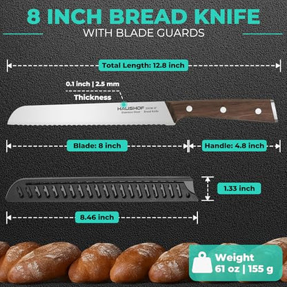 HAUSHOF Bread Knife with Sheath, 8-Inch Serrated Bread Knife for Homemade Bread, 5Cr15Mov Premium Stainless Steel Bread Cutter with Gift Box for Mom Dad, Full Tang and Ergonomic Handle - size: 8"