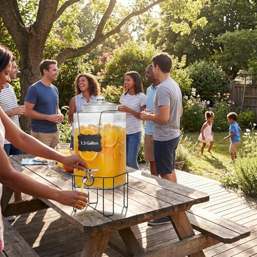 1.5 Gallon Glass Drink Dispenser, Drink Dispensers for Parties, Beverage Dispenser with Stand and Glass Lid, 100% Leakproof Spigot, Ideal for Lemonade, Juice, Iced Tea, Laundry Detergent - size: 1.5 Gallon