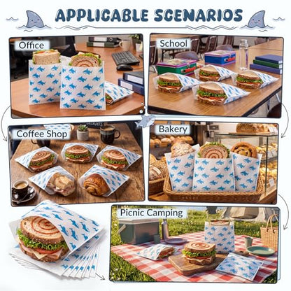 Epakh 200 Pack Paper Sandwich Bags Shark Design 8 × 8 Inch Happy Food Storage Recyclable Grease Resistant Disposable Snack Bags for Family Home Use - style: Shark