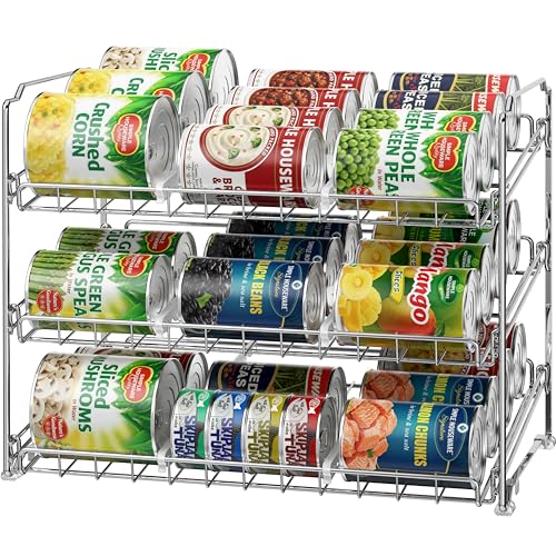 Simple Houseware Stackable Can Organizer Rack for Pantry/Cabinet – 11.5" D x 17" W x 13.75" H, Holds 36 Cans, 3-Tier Can Food Storage Dispenser, Chrome - color: Chrome
