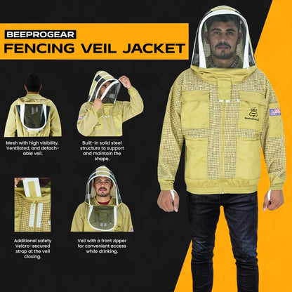 3-Layer Ventilated Mesh Bee Jacket for Men & Women with Veils Sting-Proof Beekeeping Jacket with Leather Gloves & Bag - color: Brown Fencing Veil, size: 3X-Large