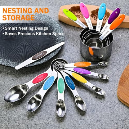 13-Piece Magnetic Measuring Spoons and Cups Set, Stainless Steel Kitchen Measure Tools with Silicone Handles, Nesting Dry and Liquid Measuring Cups for Baking Cooking (Multicolor) - color: Multicolor