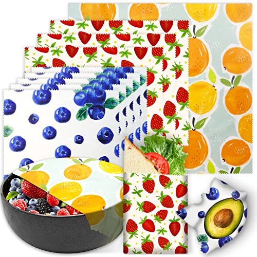 Reusable Beeswax Wrap - 9 Pack, Beeswax Wraps for Food, Eco-Friendly Beeswax Food Wrap, Organic, Sustainable, Biodegradable, Zero Waste, Plastic-Free Food Storage (Orange | Strawberry | Blueberry) - size: 1L Orange | 3M Strawberry | 5S Blueberry