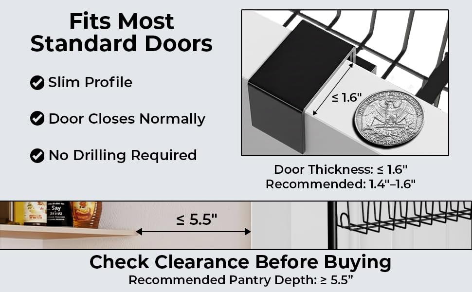 Over Door Organizer Storage - 6 Tier Black Metal Over the Door Pantry Organizer Heavy Duty Hanging Storage Rack, Behind Cabinet Shelves for Home, Kitchen, Bathroom, Closet, Pantry