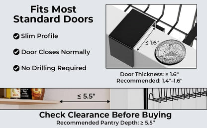 Over Door Organizer Storage - 6 Tier Black Metal Over the Door Pantry Organizer Heavy Duty Hanging Storage Rack, Behind Cabinet Shelves for Home, Kitchen, Bathroom, Closet, Pantry
