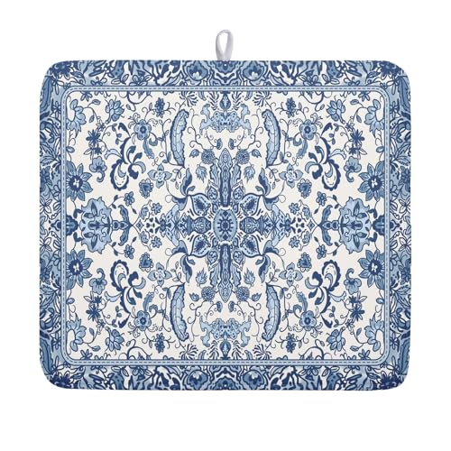 Chinoiserie Floral Dish Drying Mat for Kitchen Counter Blue and White Flowers Pattern Dish Drying Pad 16”x18”Absorbent Reversible Seasonal Decor Dishes Drainer Pad Dish Dry Rack Mat for Counter top - color: Chinoiserie Floral, size: 16" x 18"