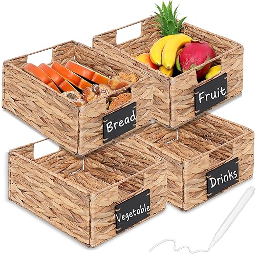 Water Hyacinth Storage Baskets Set of 4 - Foldable Seagrass Organizers with Chalk Labels,10.8x9x4.9 Inch,Rectangular Woven Pantry Bin for Shelves