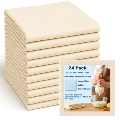 24 Pcs Cheesecloth for Straining 20x20 Inch – Reusable Grade 100 Muslin Cloth, Ultra-Fine 56x42 Weave, 100% Unbleached Cotton with Hemmed Edges, Cheese Cloth Strainer for Yogurt, Nut Milk & Baking - size: 24 PCS - 20x20 Inch