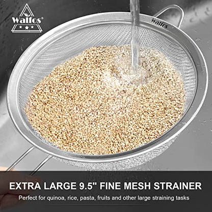 Walfos 9.35 Inch Large Fine Mesh Strainer, Stainless Steel 30 Mesh Sieve with Sturdy Handle, Kitchen Food Strainers Sifters for Rice, Quinoa, Pasta, Fruits, Vegetables, etc. - style: 9.35" Extra Large Strainer