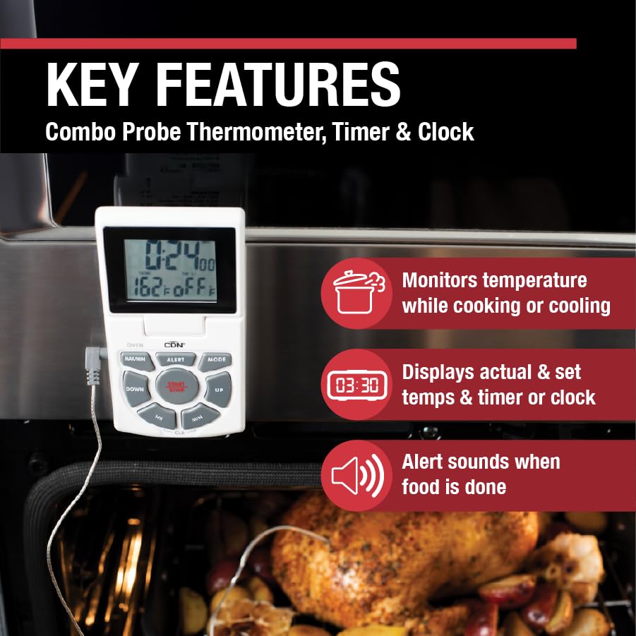 CDN Digital Probe Cooking, Cooling Thermometer, Smoker Oven Grill Candy Deep Frying, Multifunctional Thermometer/Timer/Clock with Loud Alerts, Stainless Steel Probe/Pot Clip, White or Silver (DTTC-W) - color: White