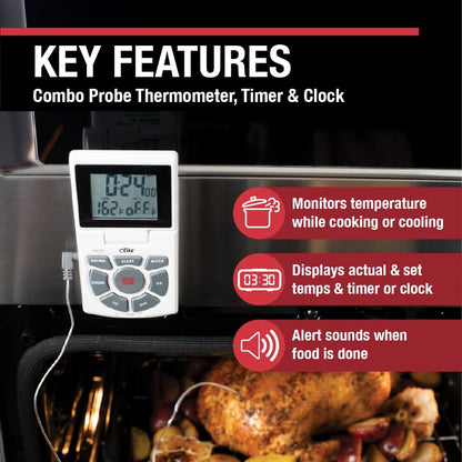 CDN Digital Probe Cooking, Cooling Thermometer, Smoker Oven Grill Candy Deep Frying, Multifunctional Thermometer/Timer/Clock with Loud Alerts, Stainless Steel Probe/Pot Clip, White or Silver (DTTC-W) - color: White