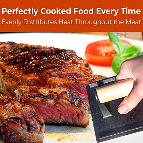 Versatile, Safe-Touch 8x4in Cast Iron Grill Weight 2pk. Perfect Meat Press With Wooden Handle for Crispy Bacon, Evenly Cooked Steak and Healthier Burgers. Great for Flat Top, Oven, Griddle and Skillet