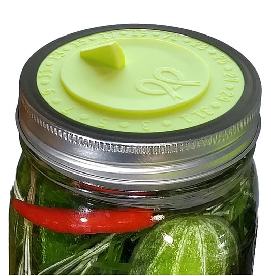 7pack Maintenance airlock waterless fermentation lids for wide mouth mason jars. Make Sauerkraut, Kimchi, Pickles, any fermented vegetable probiotic foods. BPA, mold free, dishwasher safe.