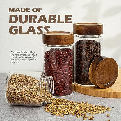 2PCS Small Glass Storage Jars with Airtight Lids, 19.3 fl oz (560ml) coffee container with Wooden Lid, Glass Pantry Canister for Beans, Rice, Sugar and etc - color: clear -（2PCS，19.3FL OZ/560ML）