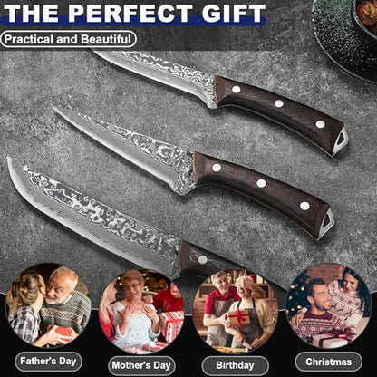 PURPLEBIRD Japanese Chef Knife Set of 3, Razor Sharp Kitchen Knife Set, Japanese Full Tang Meat Knives with Wood Handle for Trimming and Carving Poultry Chicken, Ideal Gifts for Men - color: Brown