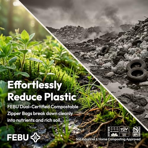 FEBU Compostable Food Storage Bags Variety Pack, 260 Count | Compostable & Biodegradable | PFAS & BPA Free | Drawer Organizer Box | 90 Snack, 90 Sandwich, 50 Quart, 30 Gallon - size: Variety Pack