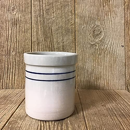 Pickling Fermenting Crock - Tan with Blue Stripe Stoneware Jar, 1/2 Gallon Capacity