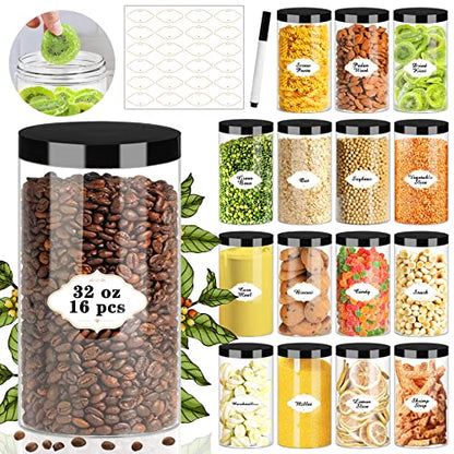 PeacePeo Plastic Jars with Lids, 16 Pcs 32 OZ Large Plastic Storage Jars with Black Leakproof Lids Cylinder Plastic Storage Container Jar Reusable Clear Empty Jars for Home and Kitchen Organizing