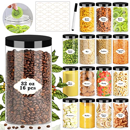 PeacePeo Plastic Jars with Lids, 16 Pcs 32 OZ Large Plastic Storage Jars with Black Leakproof Lids Cylinder Plastic Storage Container Jar Reusable Clear Empty Jars for Home and Kitchen Organizing