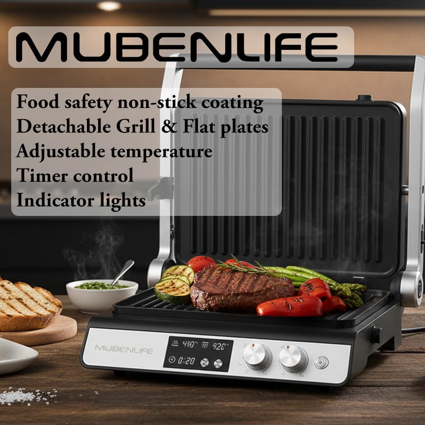 Panini Press,4 Slices Contact Grill with Removable Non-Stick Coated Grill and Flat Plates,Panini Makers with Temperature Control and Timer,Open 180 Degrees,Grill and Griddle (Half black with digital) - color: Half black with digital