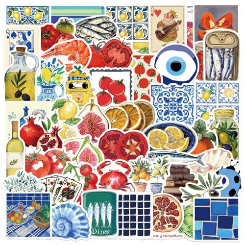 50Pcs Mediterranean Food Stickers, Cartoon Mediterranean Tomato Food Vinyl Decals for Decor Laptops, WLJIAO Aesthetic Cute Lemon Labels Sticker for Kids Teens Girls DIY Scrapbook Guitar - color: Mediterranean
