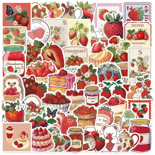 50Pcs Vintage Strawberry Stickers Pack, Waterproof Vinyl Fruit Decals for Water Bottle Laptop Suitcase Skateboard Scrapbook Journal, Cute Food Labels for Kids Teens Girls DIY Decor Party Gift Supplies - color: Vintage Strawberry-9