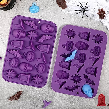 Webake Halloween Candy Chocolate Molds 3D, 18-Cavity Halloween Silicone Molds Shaped with Skull Pumpkin Witch Hat Bat Spider Tombstone for Baking Chocolate Jelly Gummy Dessert (2 PACK) - style: Halloween