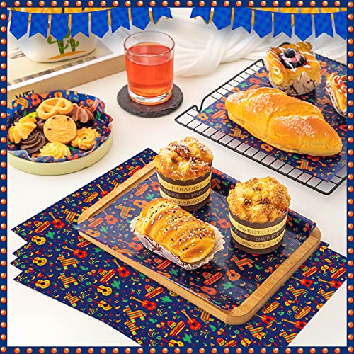 100 Pcs Fiesta Wax Paper for Food, Cinco De Mayo Wax Paper Sheets Deli Paper Sandwich Wrap Candy Wraps, Waterproof Oil-proof Picnic Basket Liners with Guitar Pattern for Kitchen Handmade Food(Blue) - color: Fiesta-blue