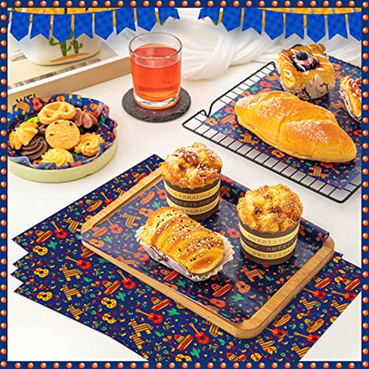 100 Pcs Fiesta Wax Paper for Food, Cinco De Mayo Wax Paper Sheets Deli Paper Sandwich Wrap Candy Wraps, Waterproof Oil-proof Picnic Basket Liners with Guitar Pattern for Kitchen Handmade Food(Blue) - color: Fiesta-blue