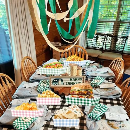 Zliisang 48 Pcs Camp Gingham Food Trays Blue Pink and Green Gingham Party Supplies Disposable Serving Tray Nacho Trays Food Boats for Camp Bachelorette Party Decorations Camp Picnic Decor