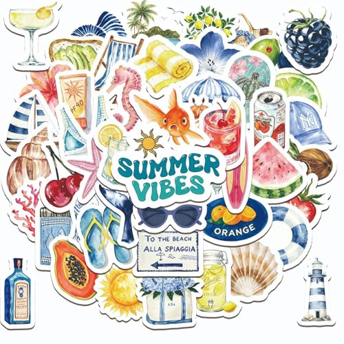 50 Pcs Watercolor Summer Beach Stickers, Tropical Ocean Fruit Sea Creature Vacation Vinyl Decals, Waterproof Aesthetic Stickers for Journal Scrapbook Planner Laptop Water Bottle DIY Craft Decor - color: Summer Beach